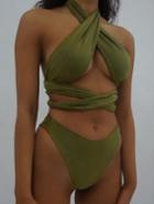 Romwe Olive Green Cross Halter Bikini Set