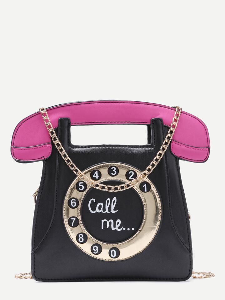 Romwe Black Call Me Tel Bag With Chain Strap