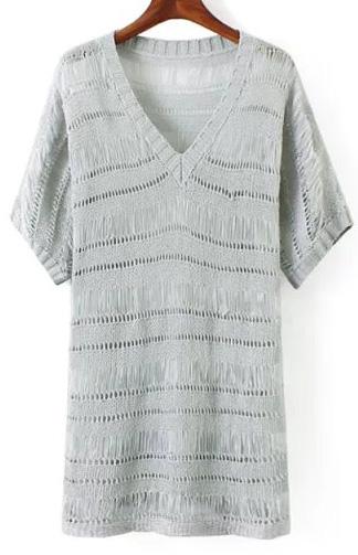 Romwe V Neck Hollow Knit Grey Dress