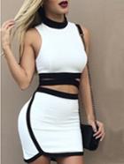 Romwe Color-block Cutout Crop Top With Skinny Skirt