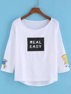 Romwe Dip Hem Letter Print White T-shirt