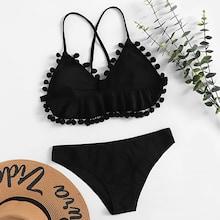 Romwe Criss Cross Pom-pom Trim Ruffle Bikini Set