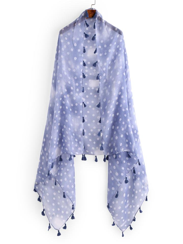 Romwe Polka Dot Print Fringe Trim Scarf
