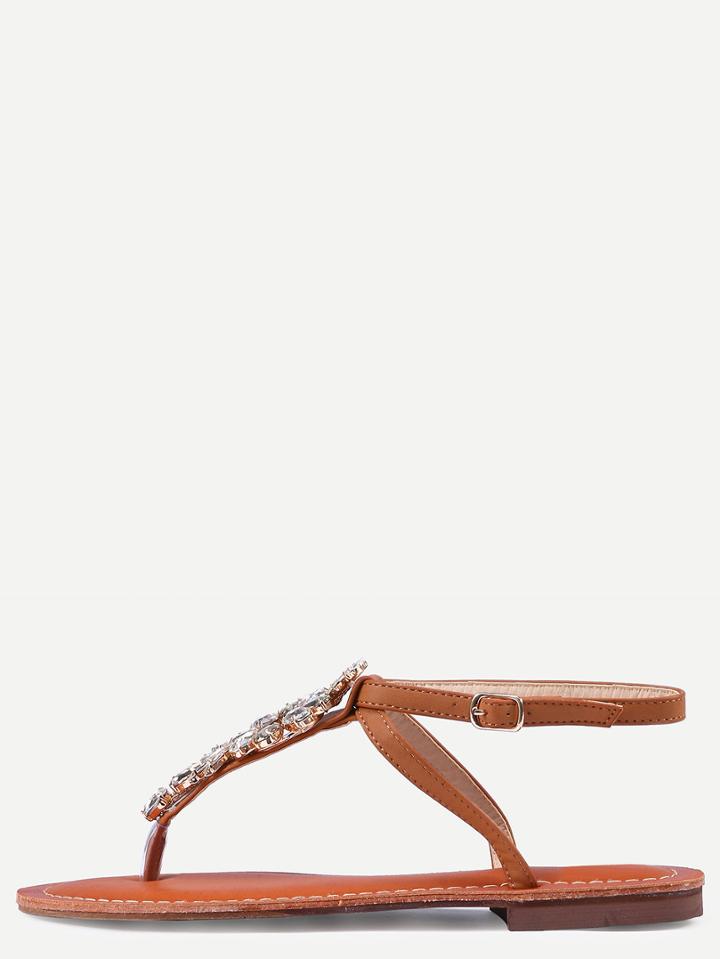 Romwe Camel Rhinestone Flat Flip Sandals