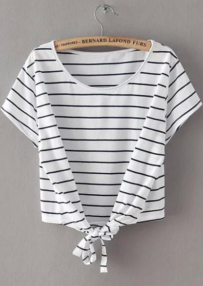 Romwe Striped Knotted Navy T-shirt