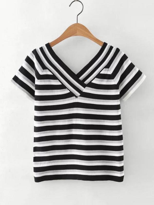Romwe Double V Striped Tee