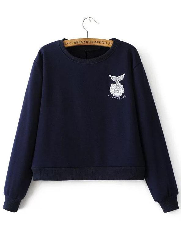 Romwe Navy Mermaid Embroidery Ribbed Trim Sweatshirt