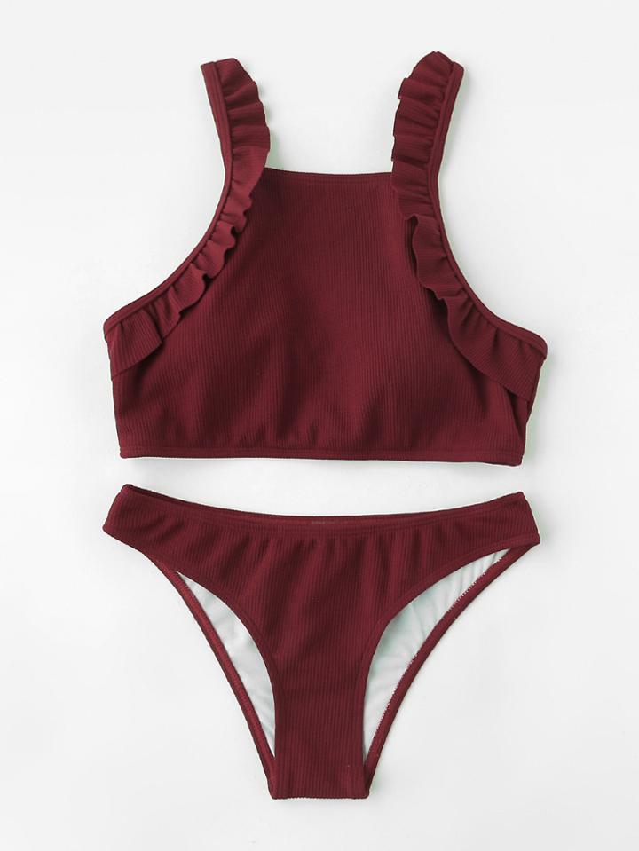 Romwe Ruffle Detail Ribbed Bikini Set