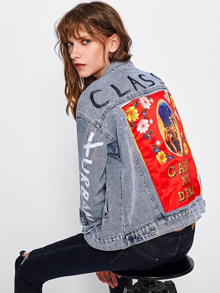 Romwe Patch Back Letter Print Bleach Wash Denim Jacket