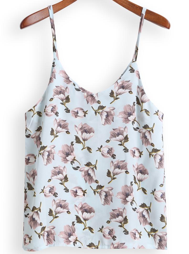Romwe Spaghetti Strap Florals Chiffon Blue Cami Top