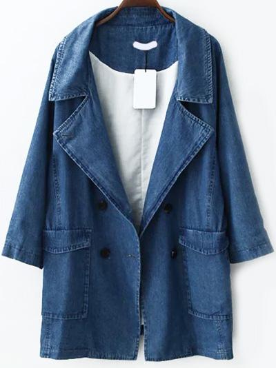 Romwe Lapel Double Breasted Denim Coat