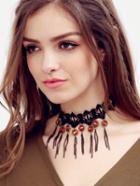 Romwe Black Fringe Diamond Lace Necklace