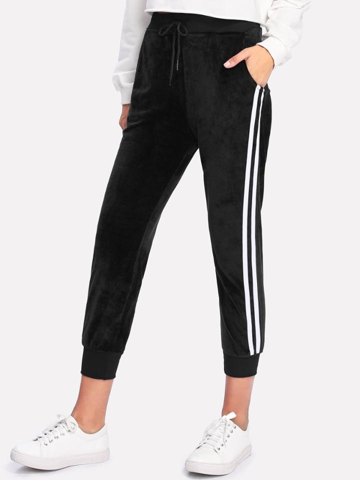 Romwe Ribbed Trim Striped Side Velvet Pants