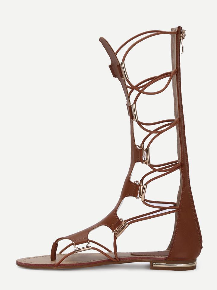Romwe Tan Knee-high Suede Lace Up Sandals