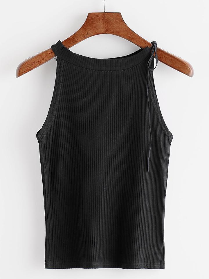 Romwe Black Tie Shoulder Ribbed Tank Top