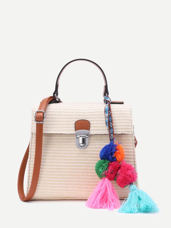 Romwe Tassel Detail Pushlock Weave Bag