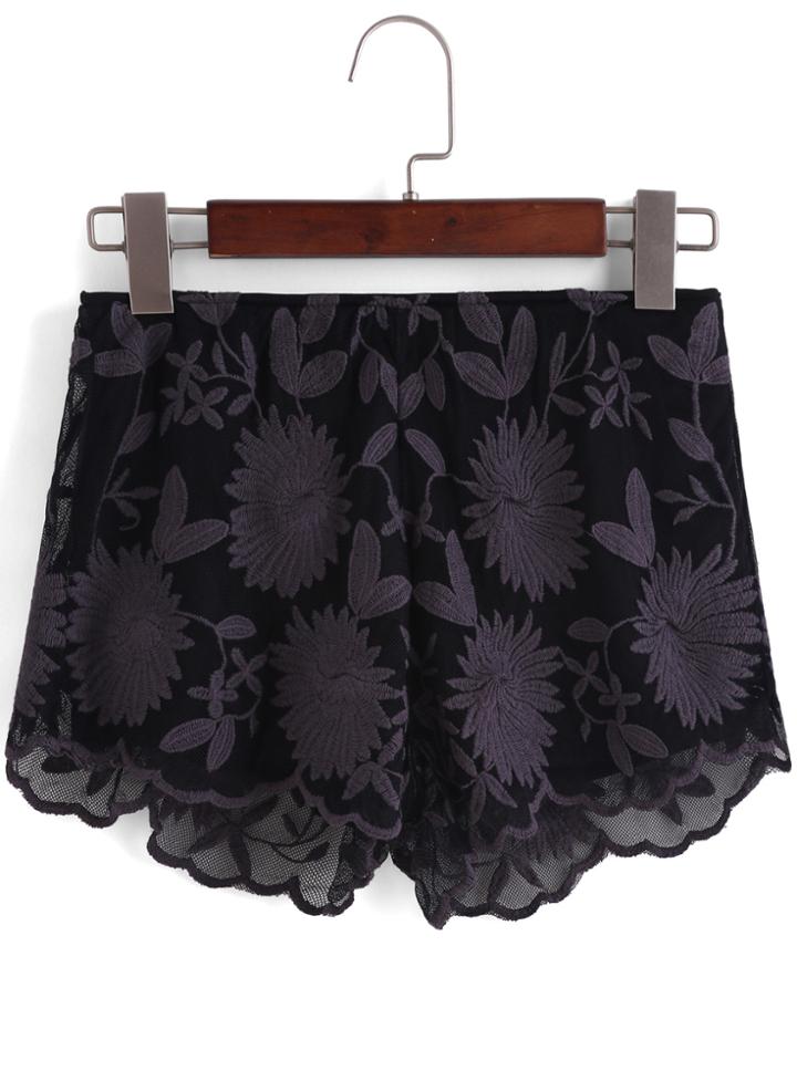 Romwe Flower Embroidered Mesh Shorts
