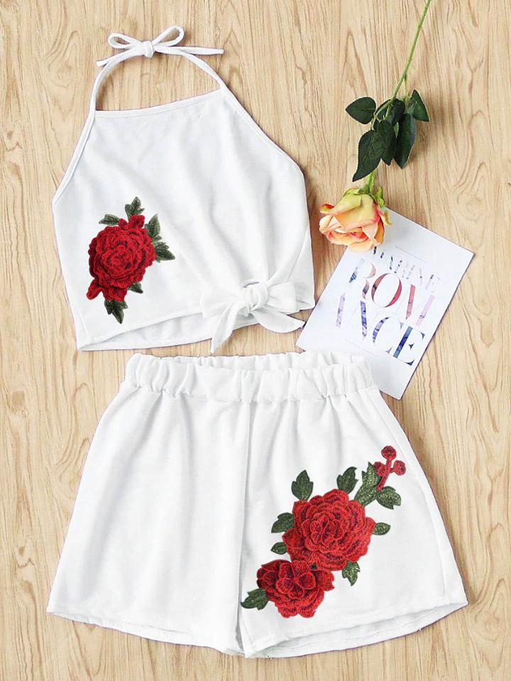 Romwe Halter Neck Rose Applique Knot Top With Shorts