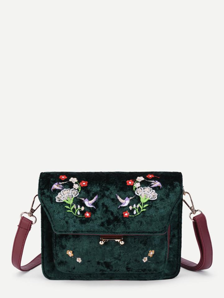 Romwe Flower & Bird Embroidered Velvet Crossbody Bag