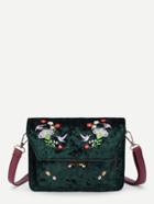 Romwe Flower & Bird Embroidered Velvet Crossbody Bag