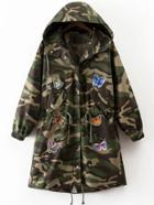Romwe Army Green Butterfly Embroidery Drawstring Camouflage Hooded Coat