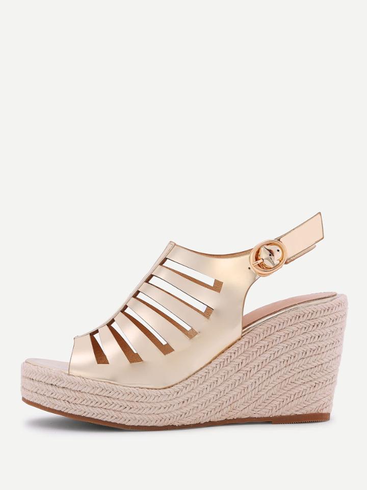 Romwe Metallic Cut Out Pu Wedge Sandals
