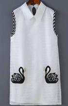 Romwe Contrast Collar Swan Embroidered White Dress