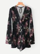 Romwe Bell Sleeve Surplice Floral Romper