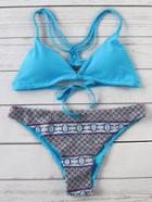 Romwe Turquoise Printed Strappy Back Triangle Bikini Set