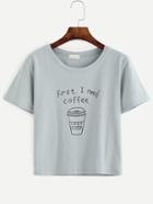 Romwe Grey Coffee Cup Letters Print T-shirt