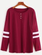 Romwe Burgundy Varsity Striped Button T-shirt
