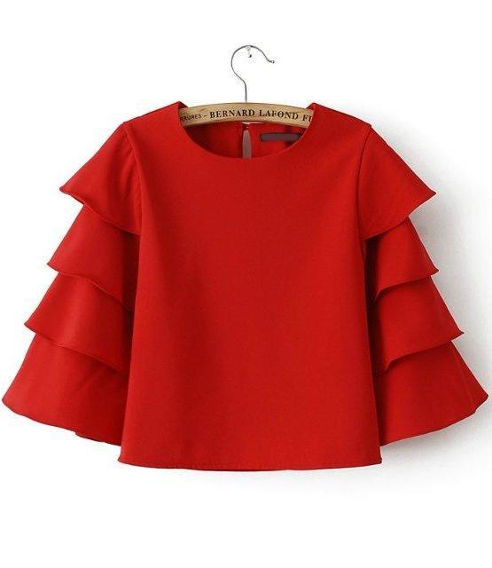 Romwe Red Round Neck Cascading Ruffle Crop Blouse