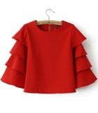 Romwe Red Round Neck Cascading Ruffle Crop Blouse