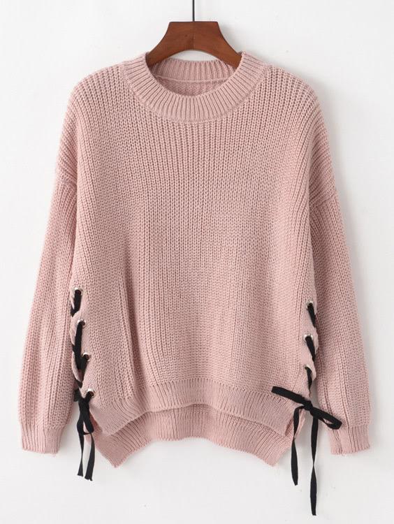 Romwe Lace Up Side Drop Shoulder High Low Jumper