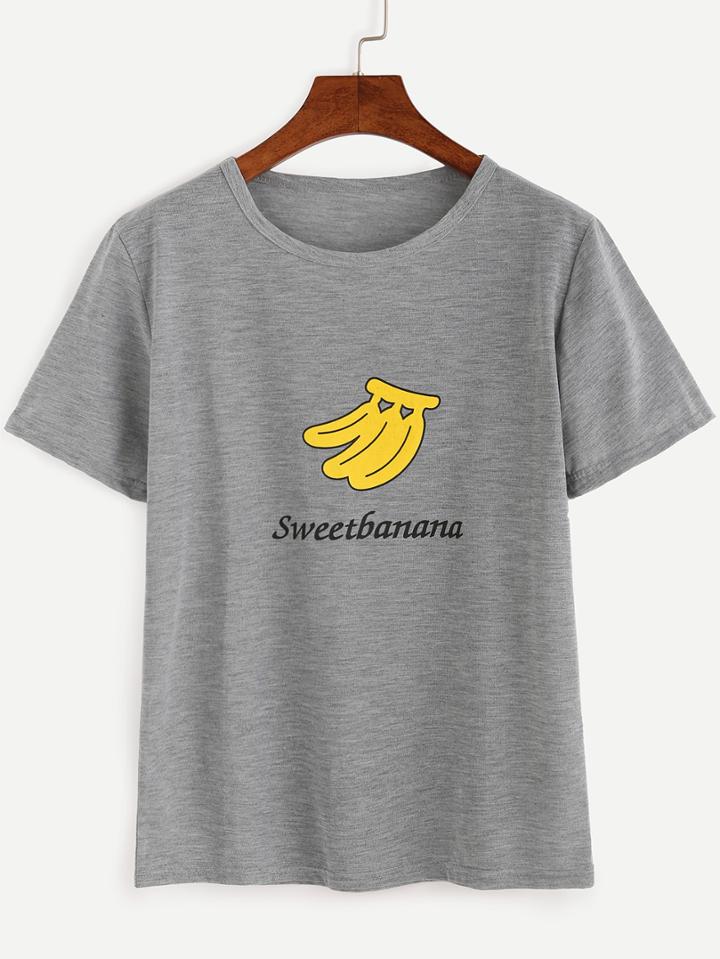 Romwe Grey Banana Print Slub T-shirt