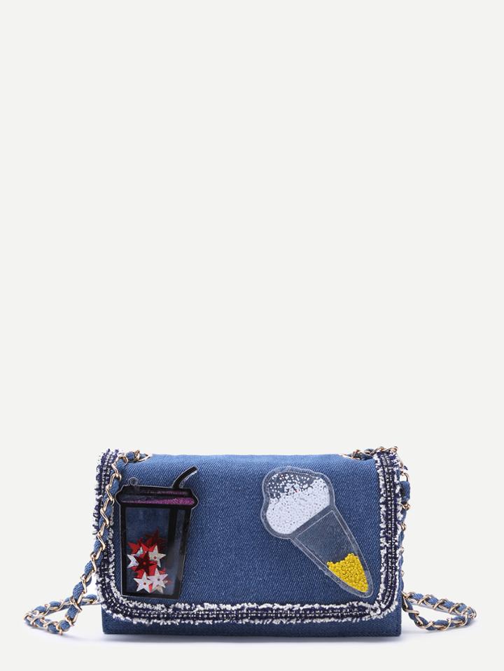 Romwe Blue Denim Plastic Embellished Raw Edge Flap Messenger Bag