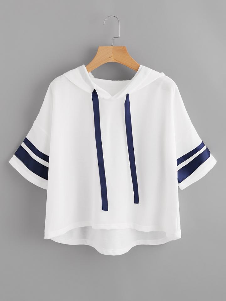 Romwe Stripe Sleeve Dip Hem Hoodie