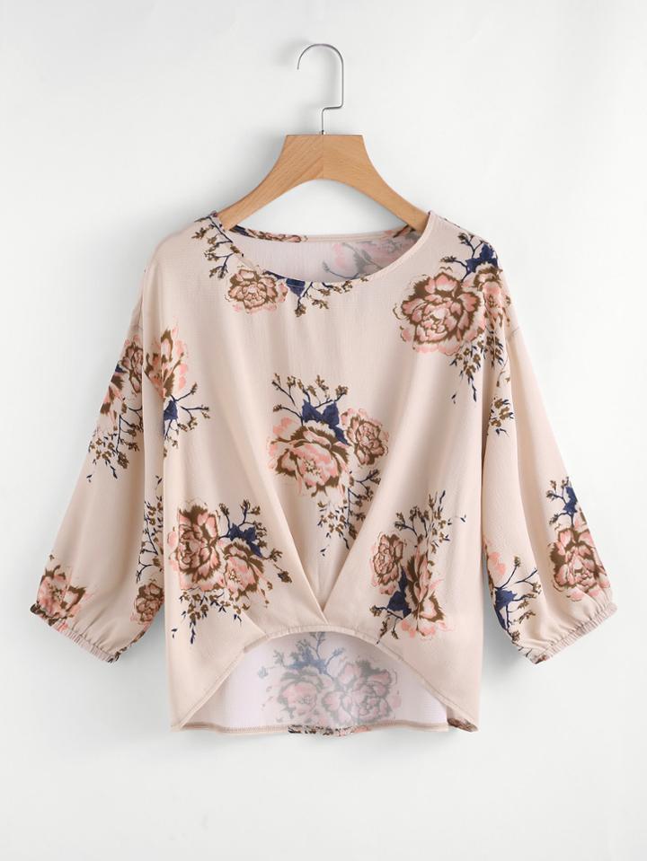 Romwe Pleated Gathered Hem Floral Top