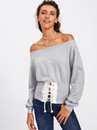 Romwe Grommet Lace Up Waist Off Shoulder Top