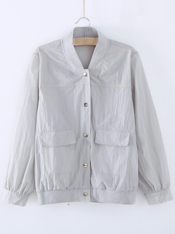 Romwe Grey Crew Neck Button Pocket Jacket