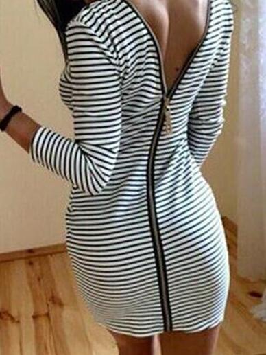 Romwe Striped V Cut Out Bodycon Dress With Zipper