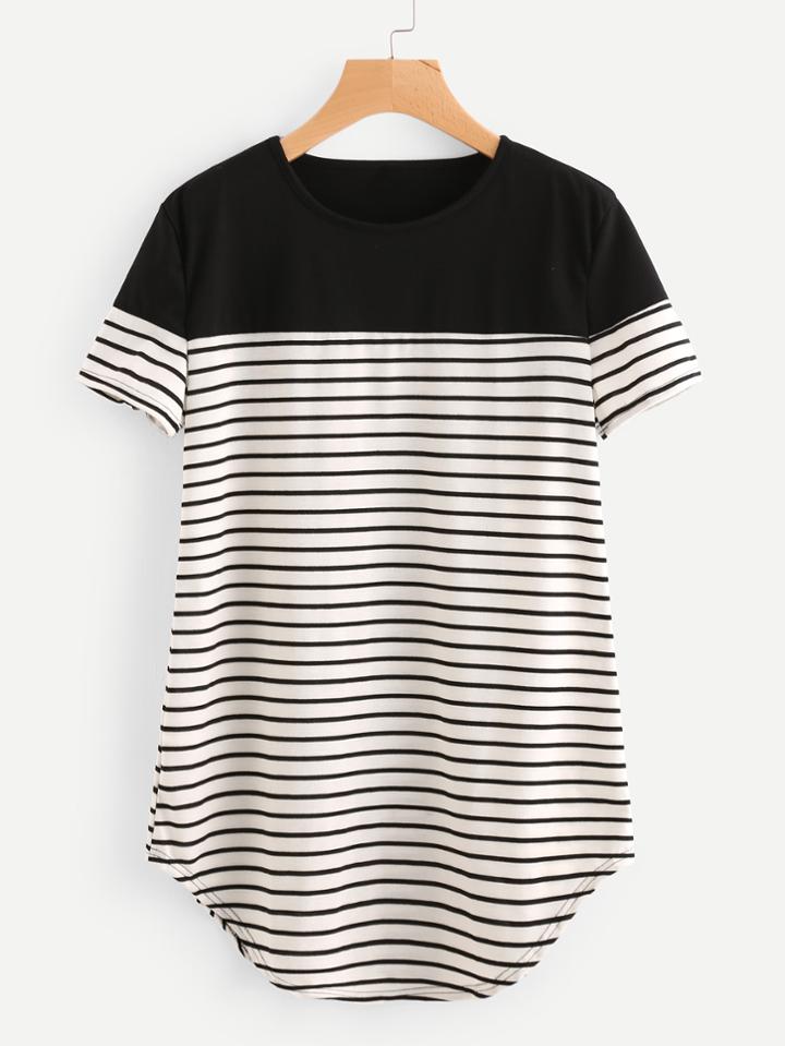 Romwe Contrast Panel Curved Hem Striped Longline Tee