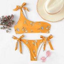Romwe Floral One Shoulder Top With Tie Side Bikini