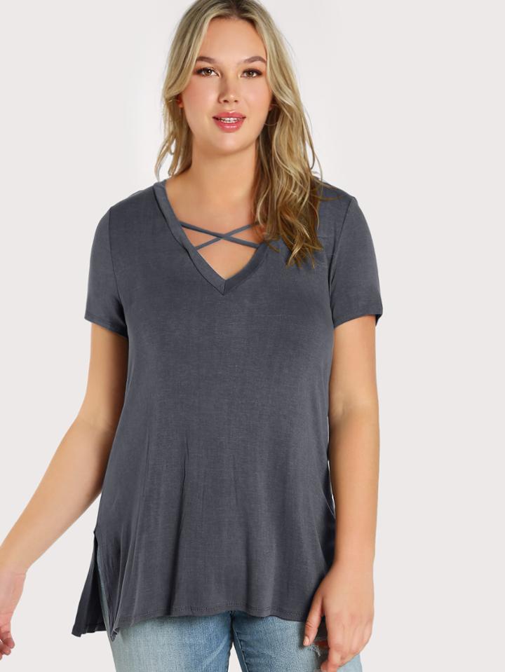 Romwe Criss Cross Front Solid Top