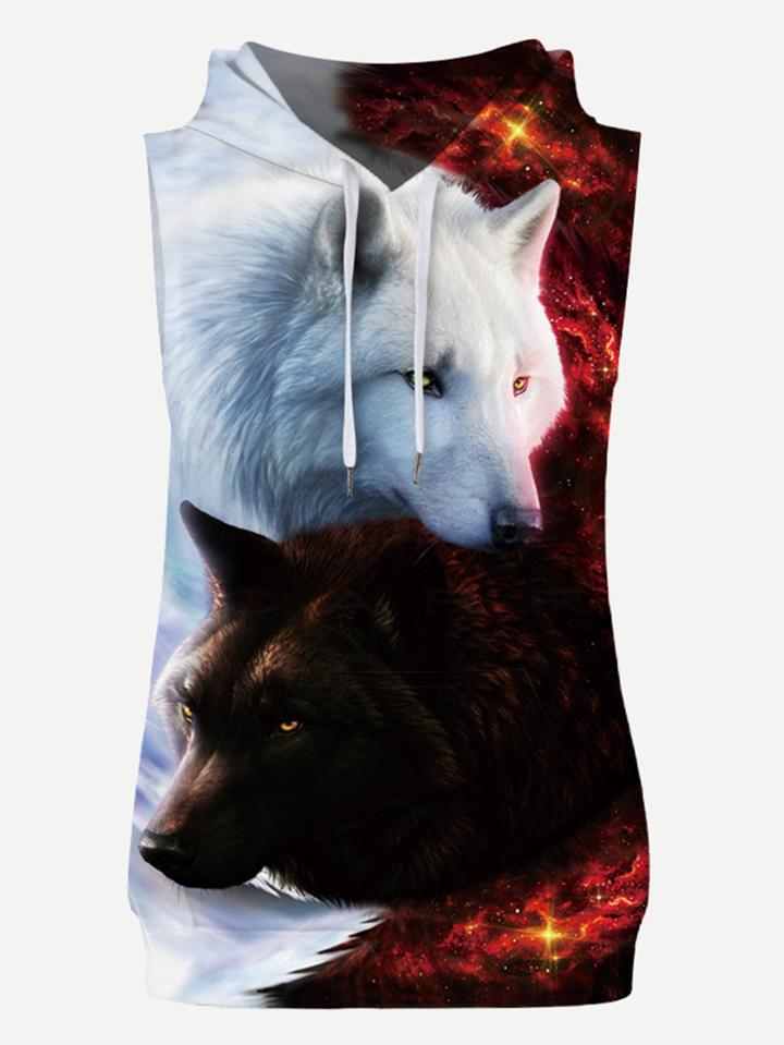 Romwe Men Wolf Print Sleeveless Hooded Sweatshirt