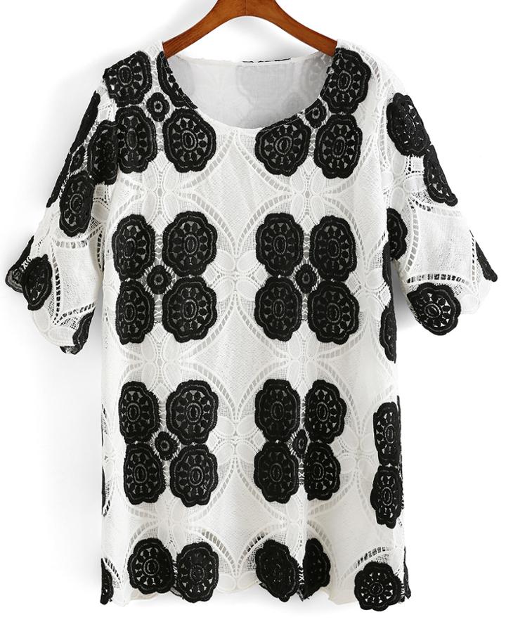 Romwe Short Sleeve Floral Crochet Top