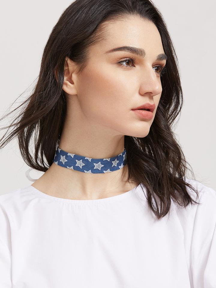 Romwe Light Blue Gothic Star Print Denim Choker Necklace