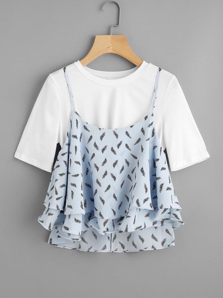 Romwe Basic Tee With Printed Dip Hem Layered Cami Top