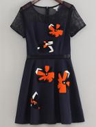 Romwe Navy Floral Embroidery Hollow Zipper Dress