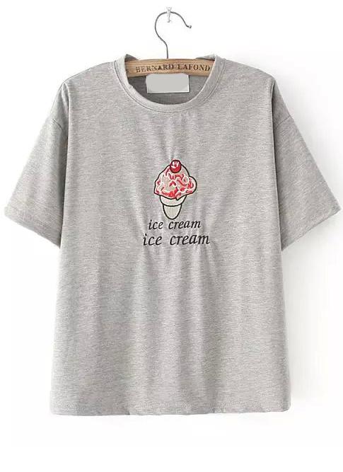 Romwe Ice Cream Embroidered Grey T-shirt